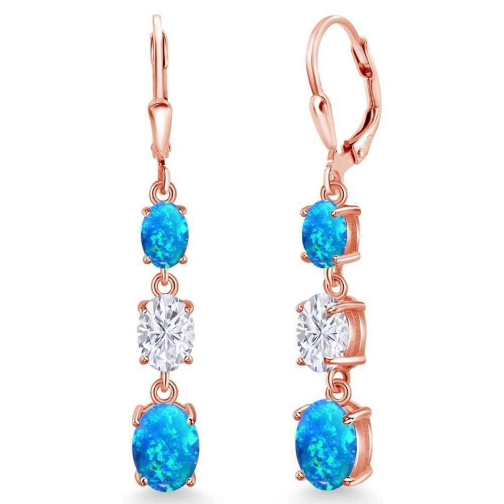 18K Rose Gold with 4.92Cttw 3 Stone Blue Opal and White Moissanite Drop Earrings